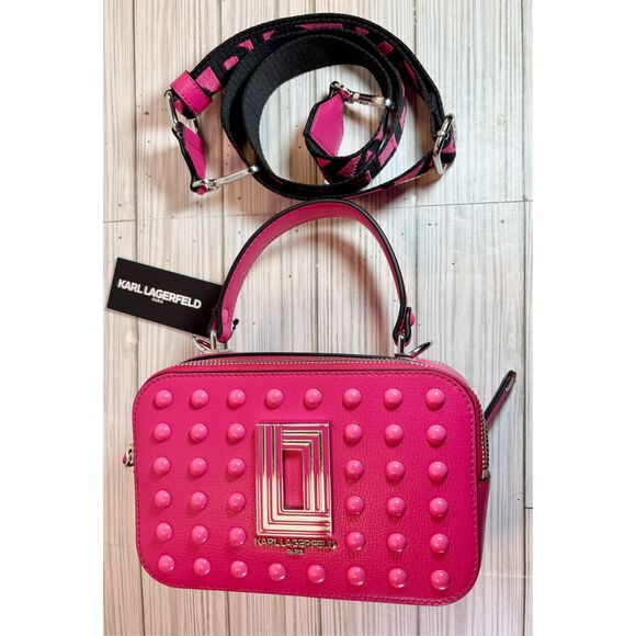Karl Lagerfeld Simone Fuchsia Studded Camera Bag W/ Guitar Strap Crossbody - Picture 14 of 16